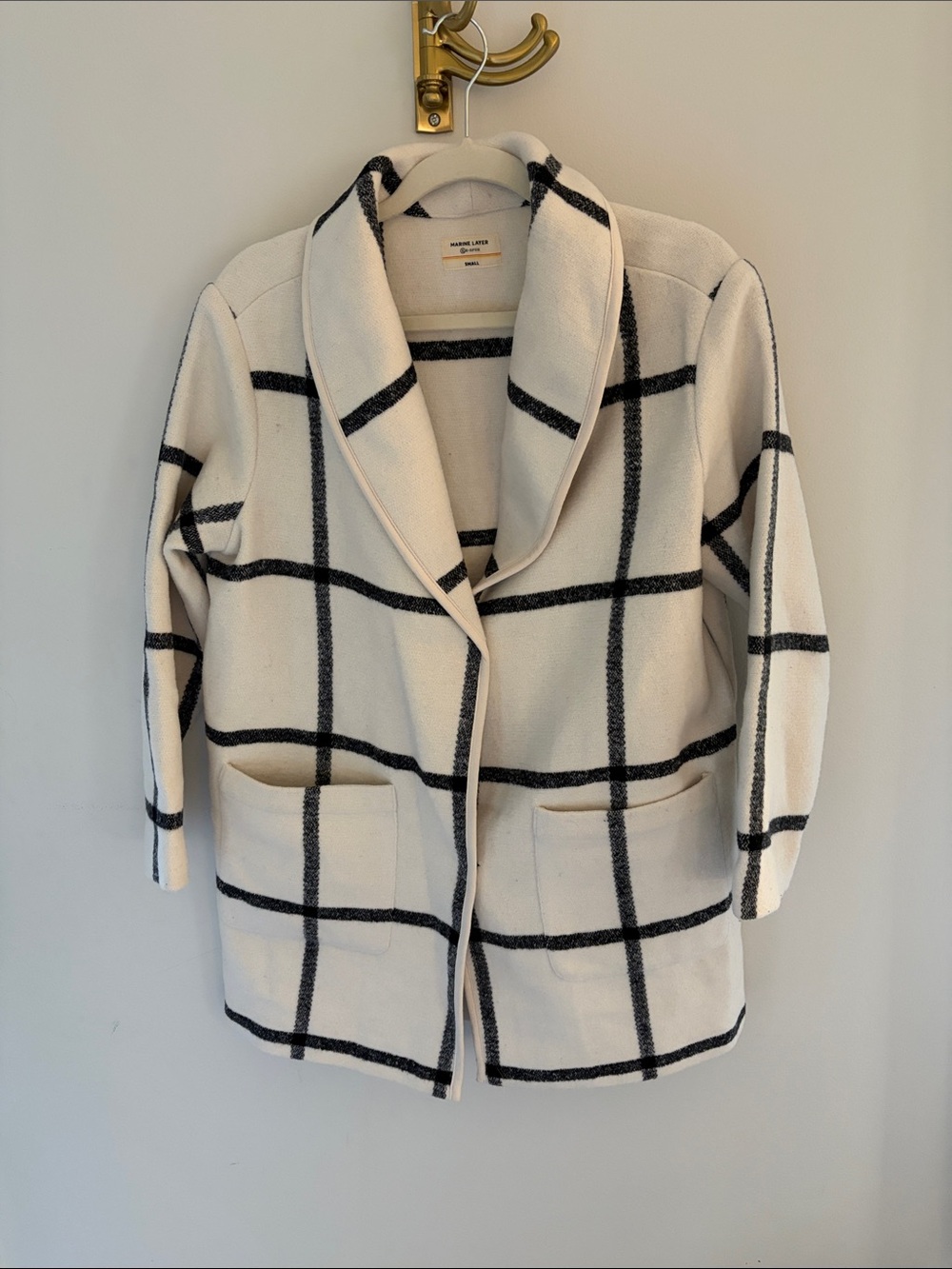 Marine Layer Cream Shawl-Collar Coatigan with Black Windowpane